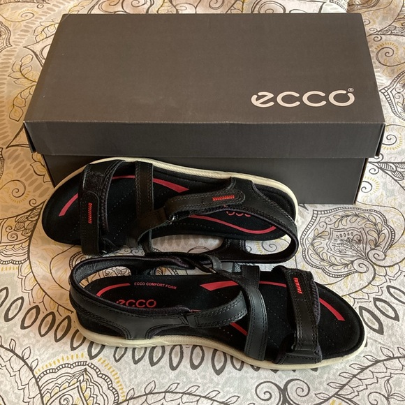Ecco Black Bluma Flat White Heeled Top 2-Strap Velcro Sandals - Sz 6-6.5 - Picture 1 of 13